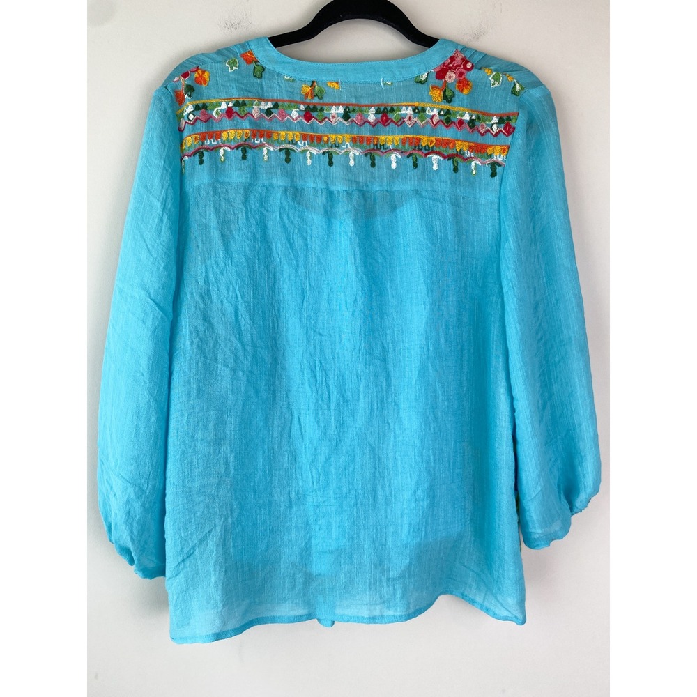 Turquoise Blue Embroidered Peasant Blouse Top Pintuck Floral Boho Balloon Sleeve - Picture 5 of 8